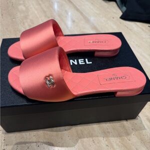 CHANEL Coral Satin Slide Sandals with Silver CC